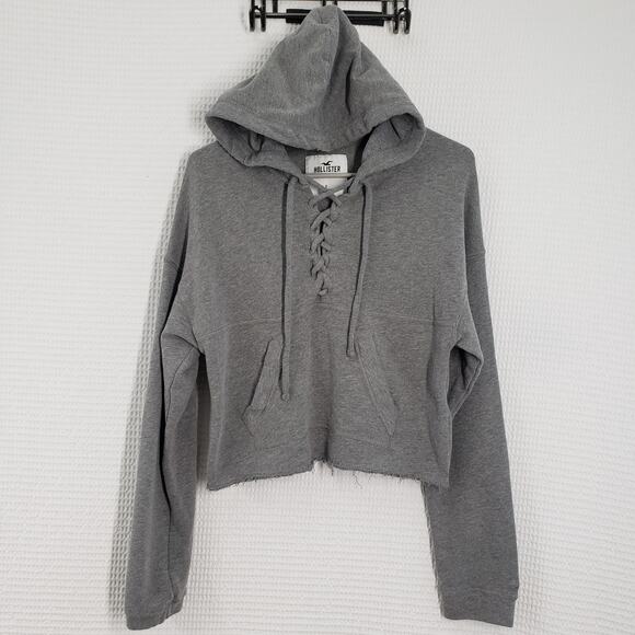Hollister Tops - Hollister Cropped Hoodie Womens Small Gray Lace Up Casual Loungewear Pilates